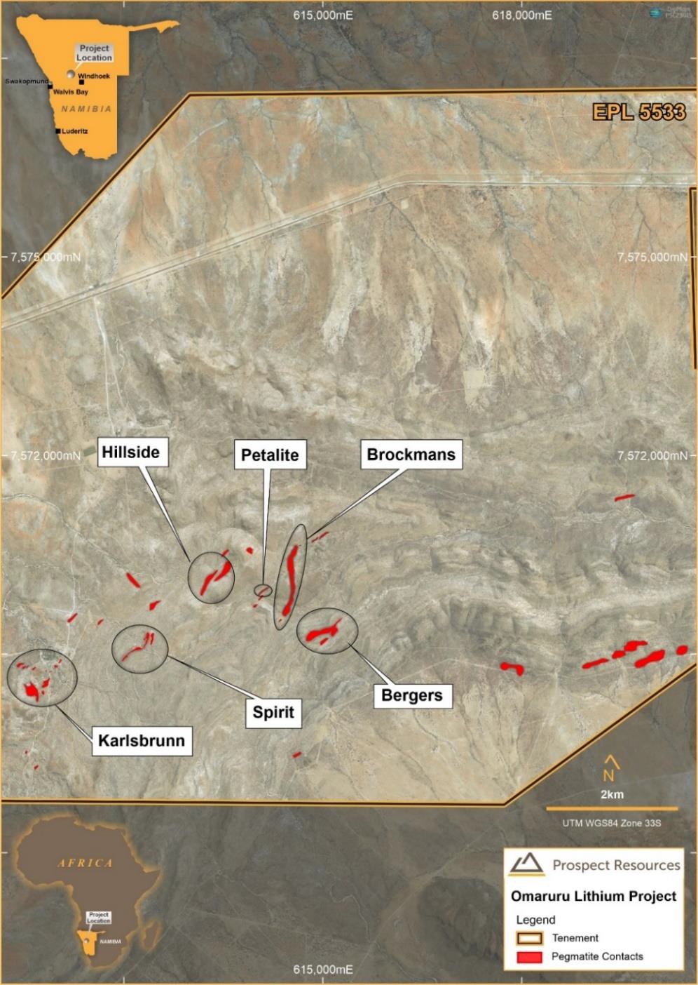 Figure 3: Detailed map showing location of mapped pegmatite occurrences at Omaruru