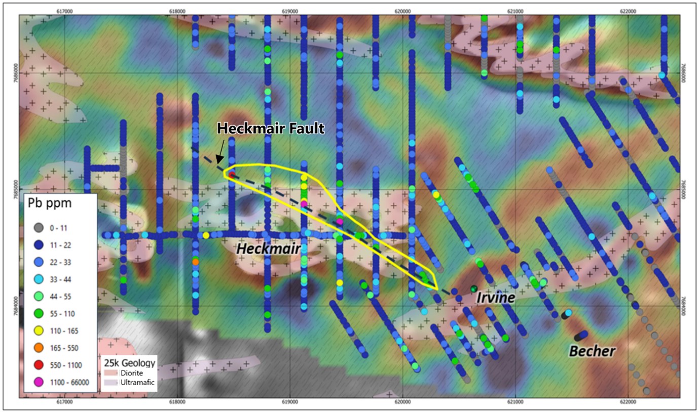 Heckmair Prospect  aeromagnetic/gravity images with bottom of hole lead anomalism in AC drilling