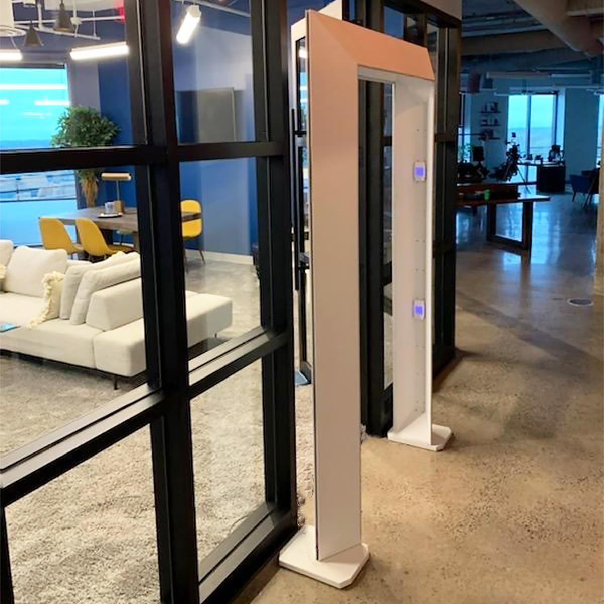 The Cleanse Portal is a free-standing walk-through arch sanitizer, similar in size and shape to a metal detector, that inactivates bacteria and viruses on skin, clothing and goods with a dosage requirement as low as 20 seconds. 