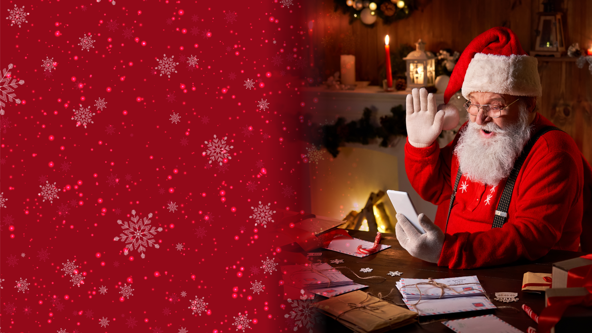 Santa waves in warm ambiance room to video call on his smartphone