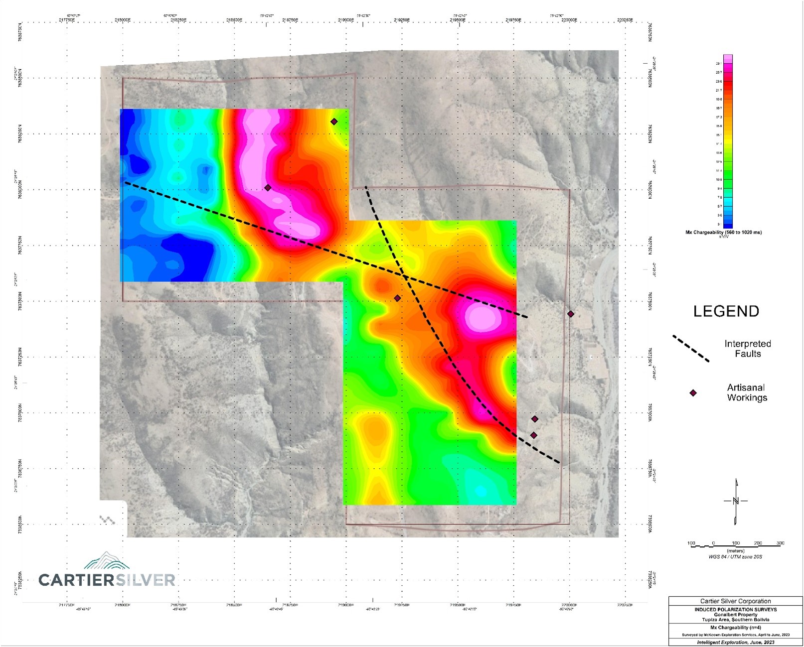 Chargeability Plan Map at N=4, Elevation 100m Below Surface with Additional Coverage in the NW Part of the Gonalbert Property