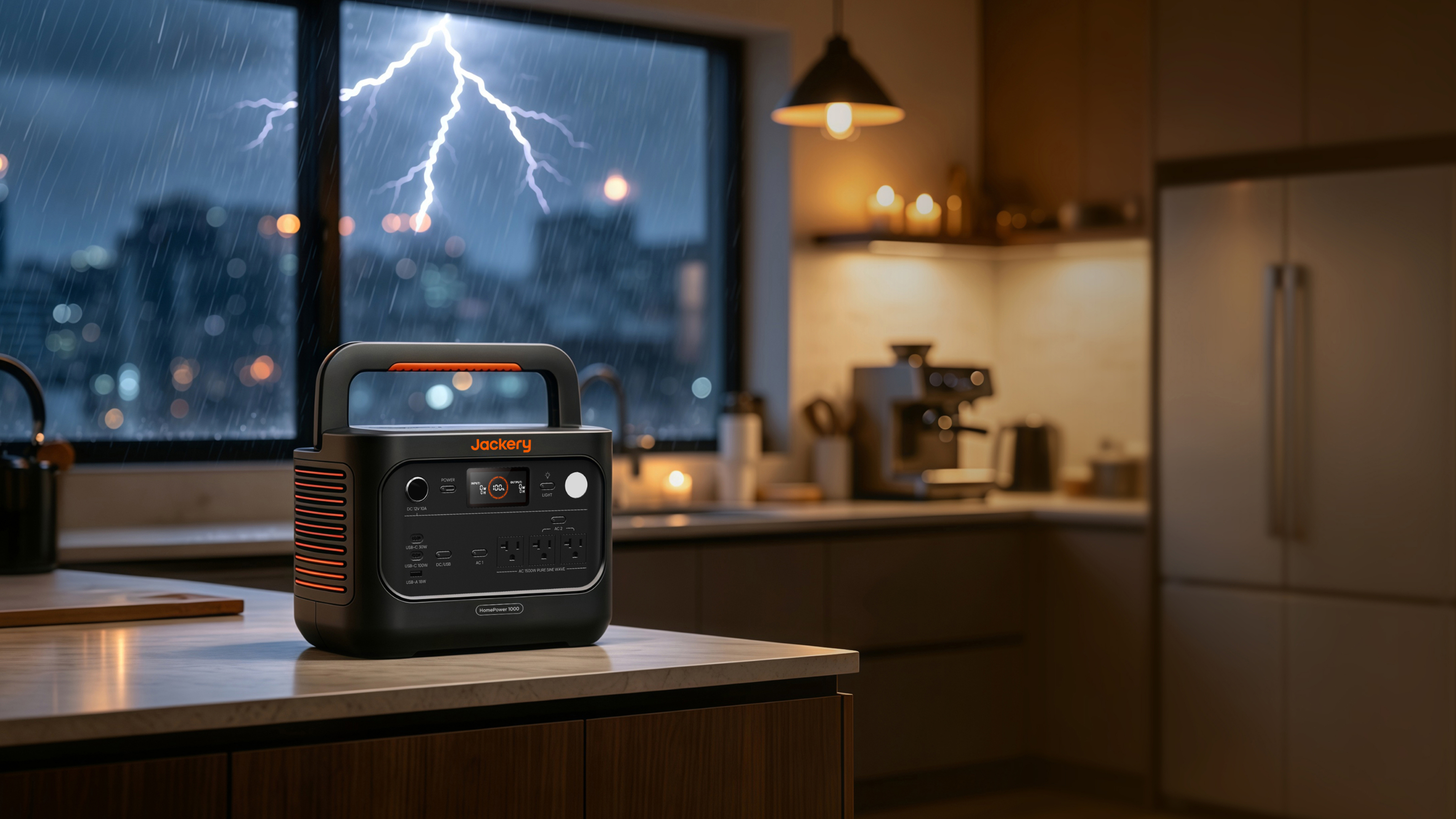 Jackery HomePower 1000 v2 powering kitchen appliances during storm outage