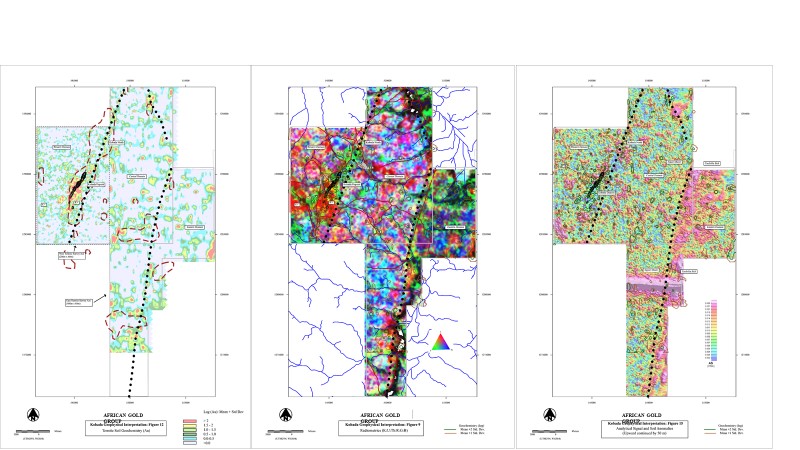 Termite soil geochemistry (left) and ternary Radiometrics (K-Th-U, middle) and Analytic Signal (right) with indicated shear zones.