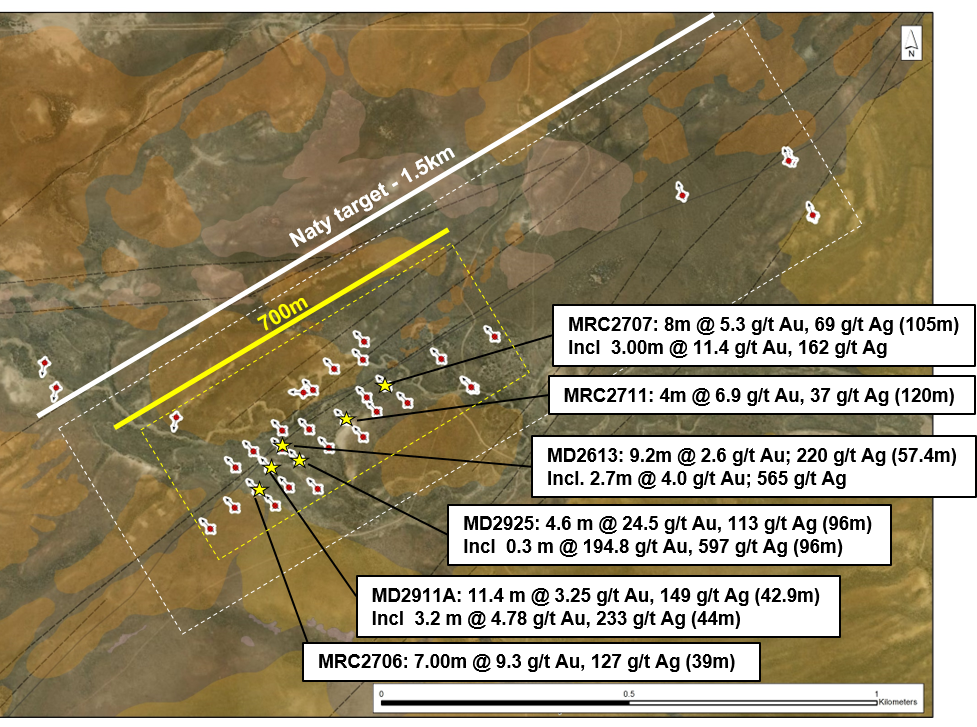 Figure 1: Plan map of Naty zone with select results