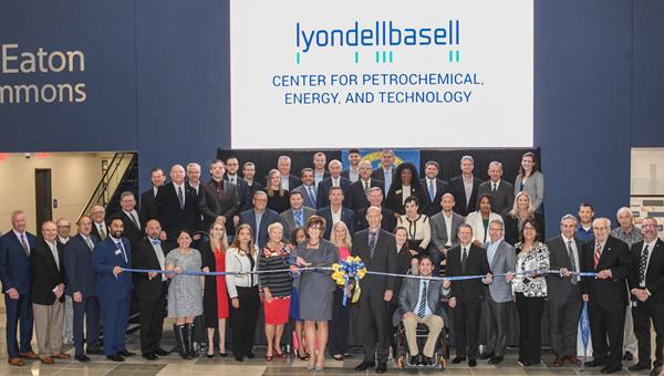 Members of San Jacinto College, the Board of Trustees, elected officials, and industry partners serving on the Chancellor’s Advisory Council celebrate the grand opening of the LyondellBasell Center for Petrochemical, Energy, & Technology on the College’s Central Campus on Wednesday, September 18, 2019.