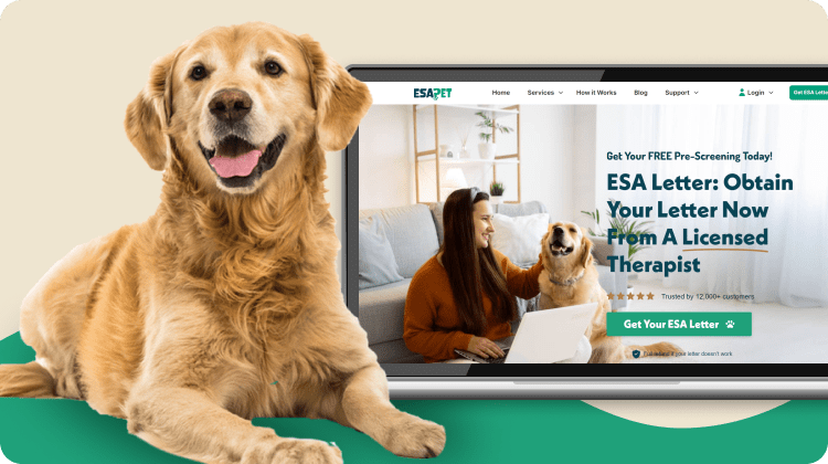 A golden retriever sitting next to a laptop displaying ESA letter services.