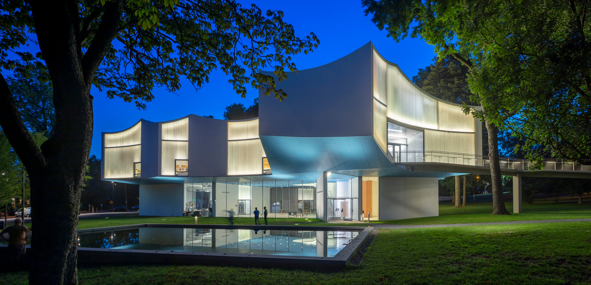 Holl’s helix-curved channel glass facades at Franklin & Marshall College emit a subtle viscerous glow at night. Photo by Paul Warchol.