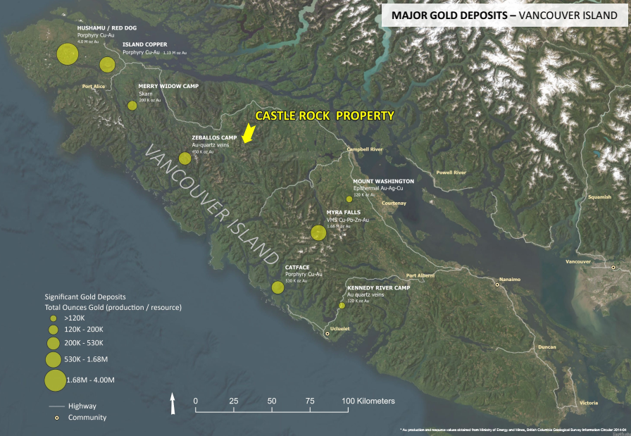 Location of the Castle Rock property on Vancouver Island (Gold production and resource values obtained from Ministry of Energy and Mines, BCGS Information Circular 2014-04).