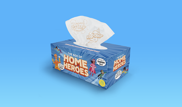 The Box of Home Heroes: Every Tissue Can Stop the Spread! creative takes the form of a craftily designed tissue box which features heroic characters and respiratory hygiene practices localised in Aussie slang, to inspire the public to become heroes in the fight against COVID-19. 
 
