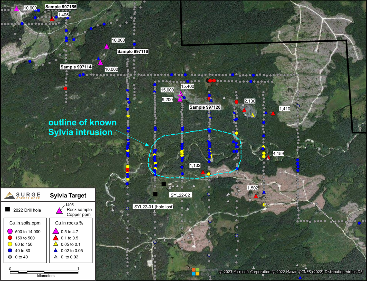 Sylvia Target Map showing copper-in-soils and copper-in-rocks and 2022 drill hole locations.