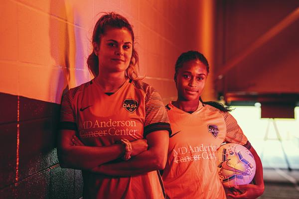 Dash forwards Katie Stengel (L) and Nichelle Prince (R) debut the 2020 home kit featuring MD Anderson. 