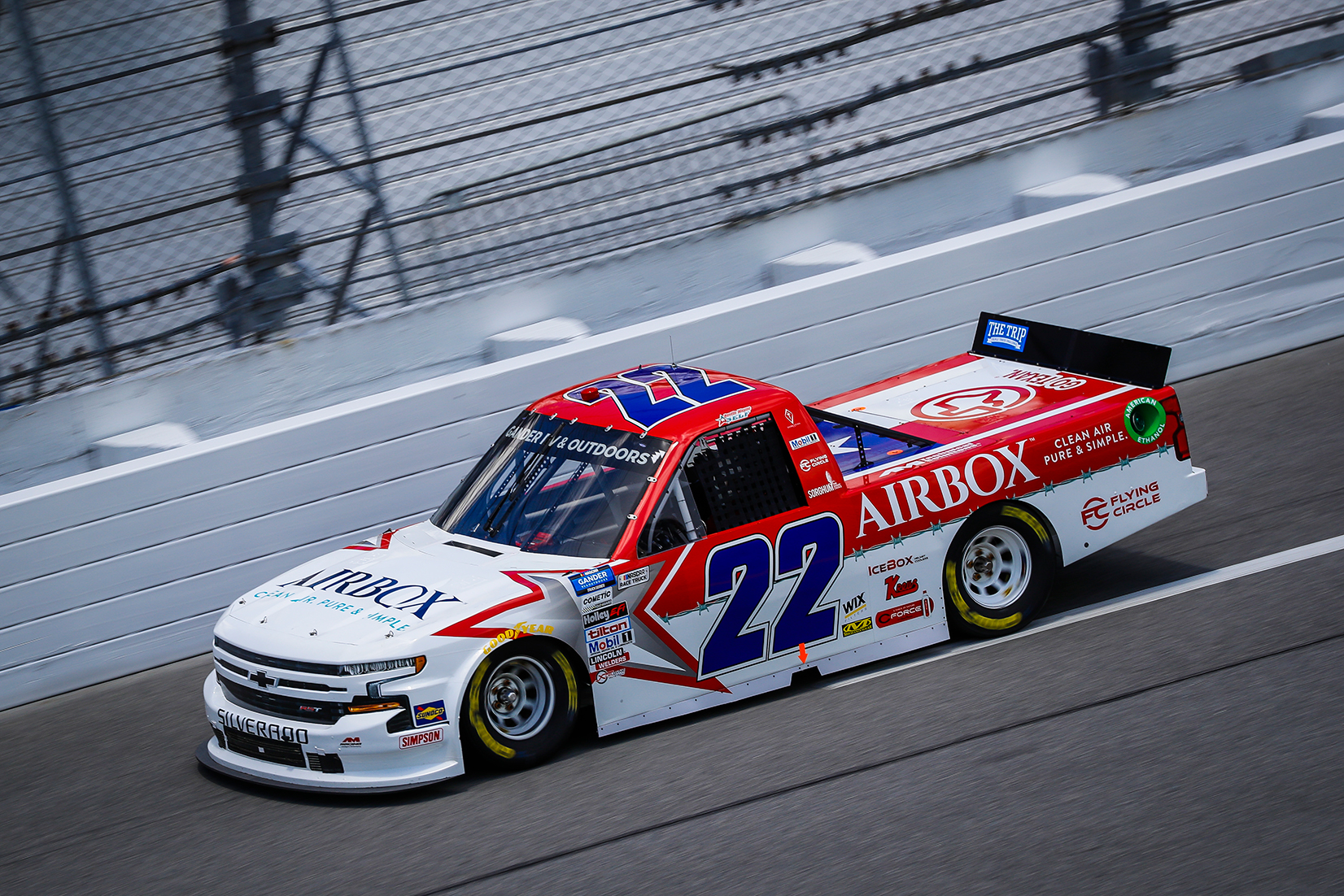 Austin Wayne Self, driver of the AM Racing #22 of the NASCAR Gander Outdoor Truck Series, navigates through the 'dirty air' at Daytona International Speedway's road course race in August 2020.
Photo Credential: Daylon Barr
