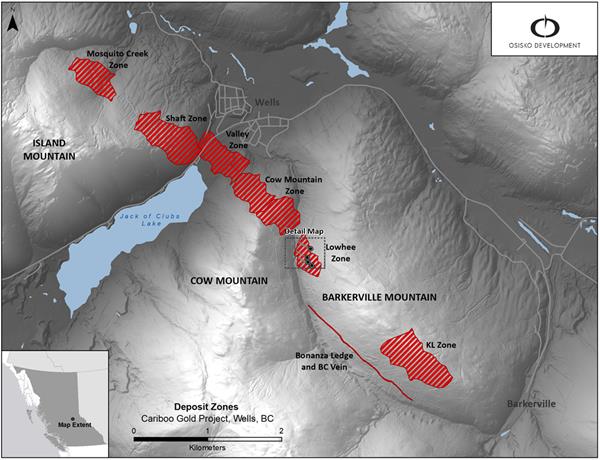 Figure 1: Cariboo deposit areas overview map