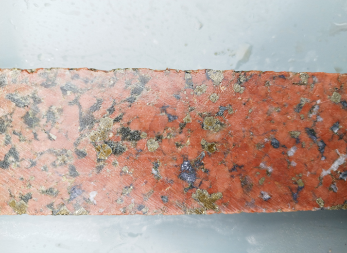 Example of Gold Mineralized Episyenite Host Rock at Butiã Gold Deposit Showing Disseminated Galena, Pyrite and Arsenian Pyrite. Dark Iron-Rich Chlorite and White Carbonate (Calcite) fills the Vuggy Areas. This sample from drillhole 23BT012 is from interval 163.0 m to 164.0 m and grades 7.3 g/t gold.