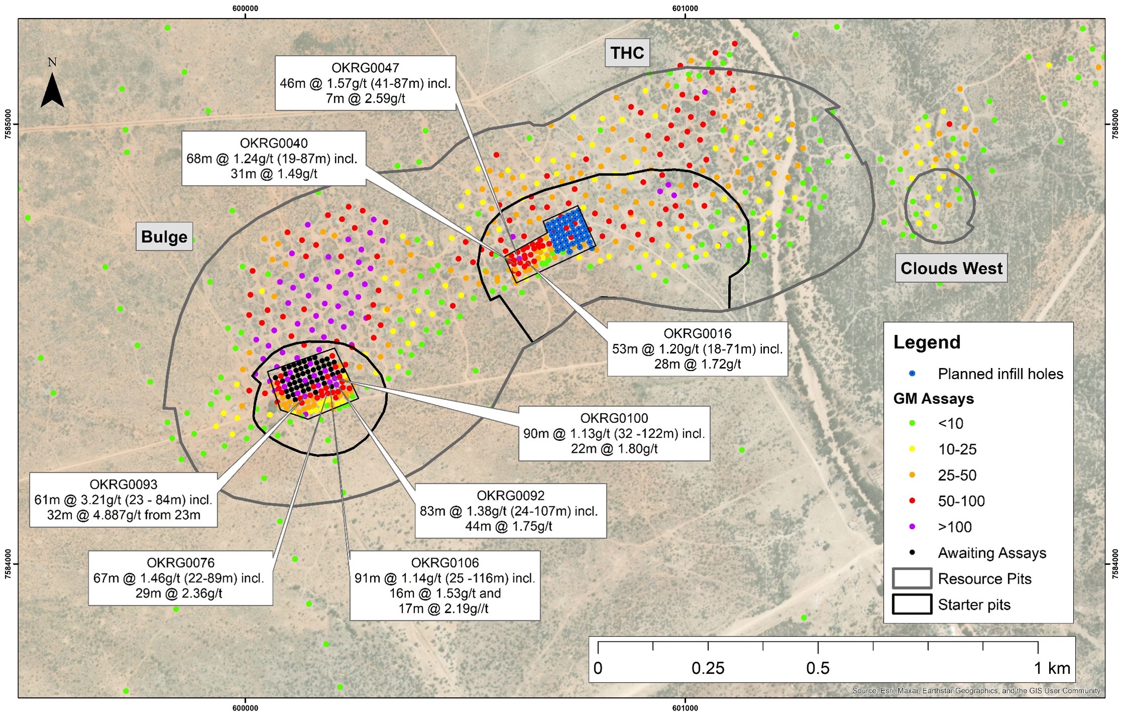 Selected assays from the infill program at Bulge and THC