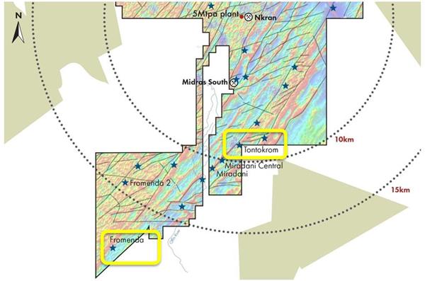 Figure 1: The Tontokrom and Fromenda locations in relation to the AGM processing facility  and the Nkran pit