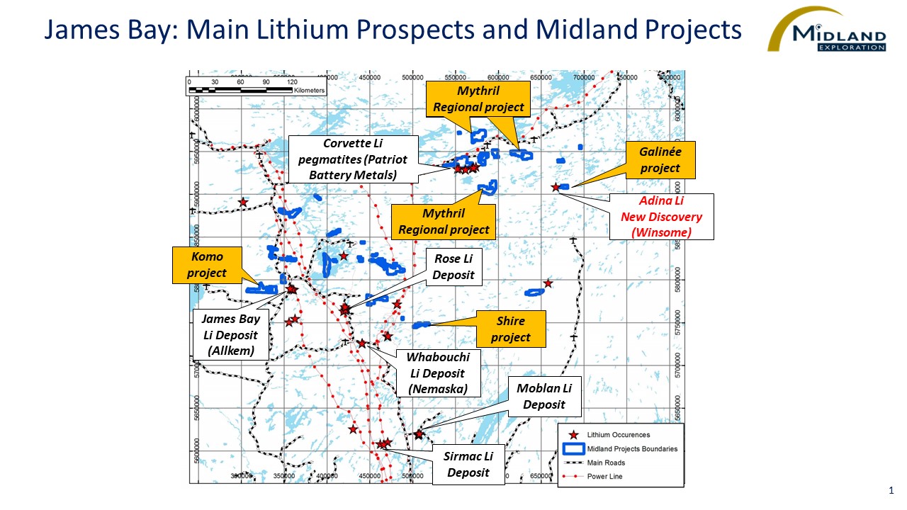 Figure 1 James Bay-Main Lithium Prospects and Midland Projects