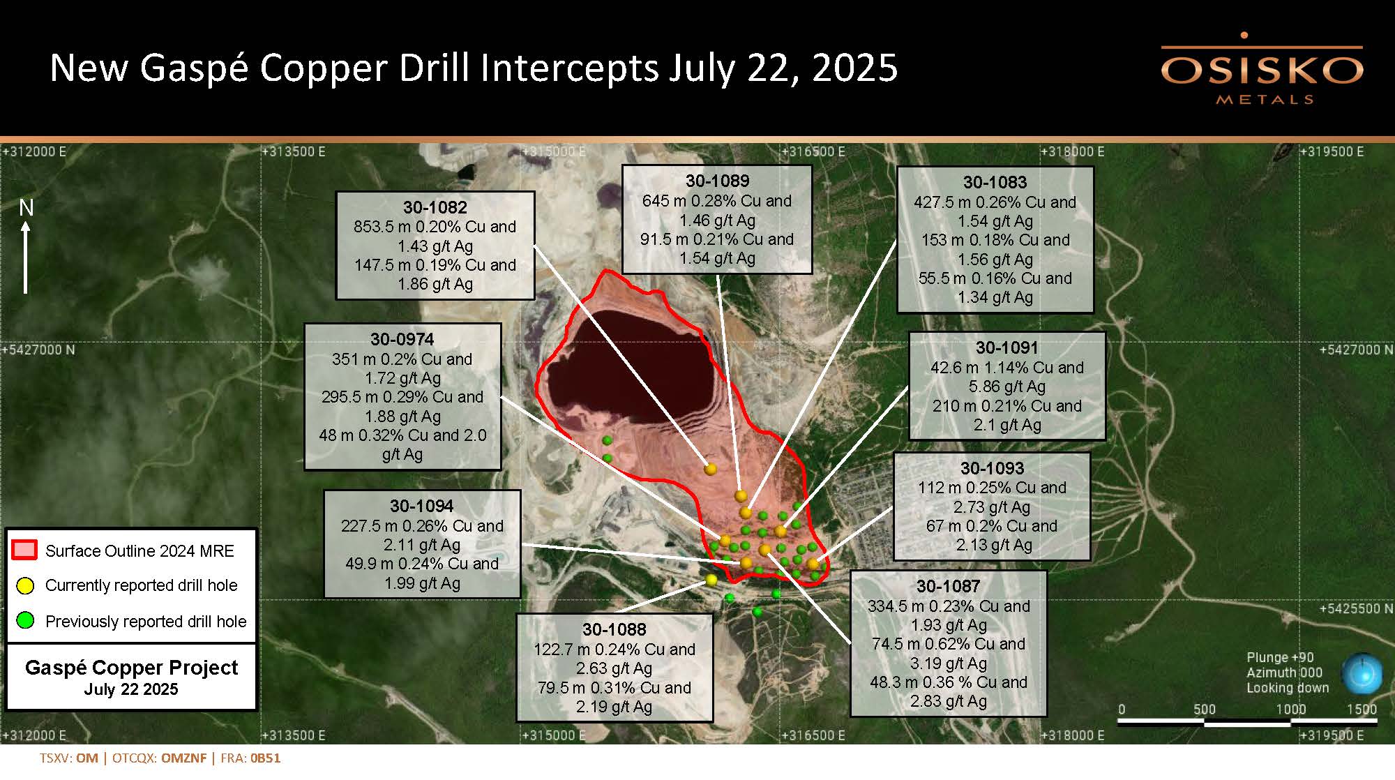 Osisko Metals New Gaspé Copper Drill Intercepts (plan view) July 22, 2025
