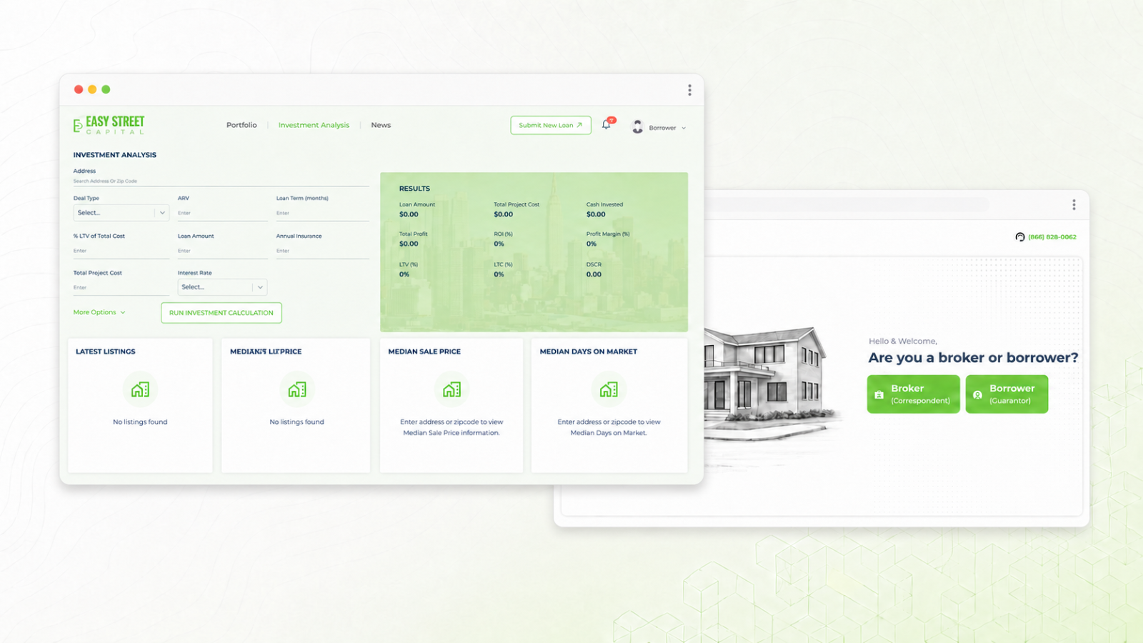Easy Street Capital borrower and broker portal interfaces showing portal access and loan product options