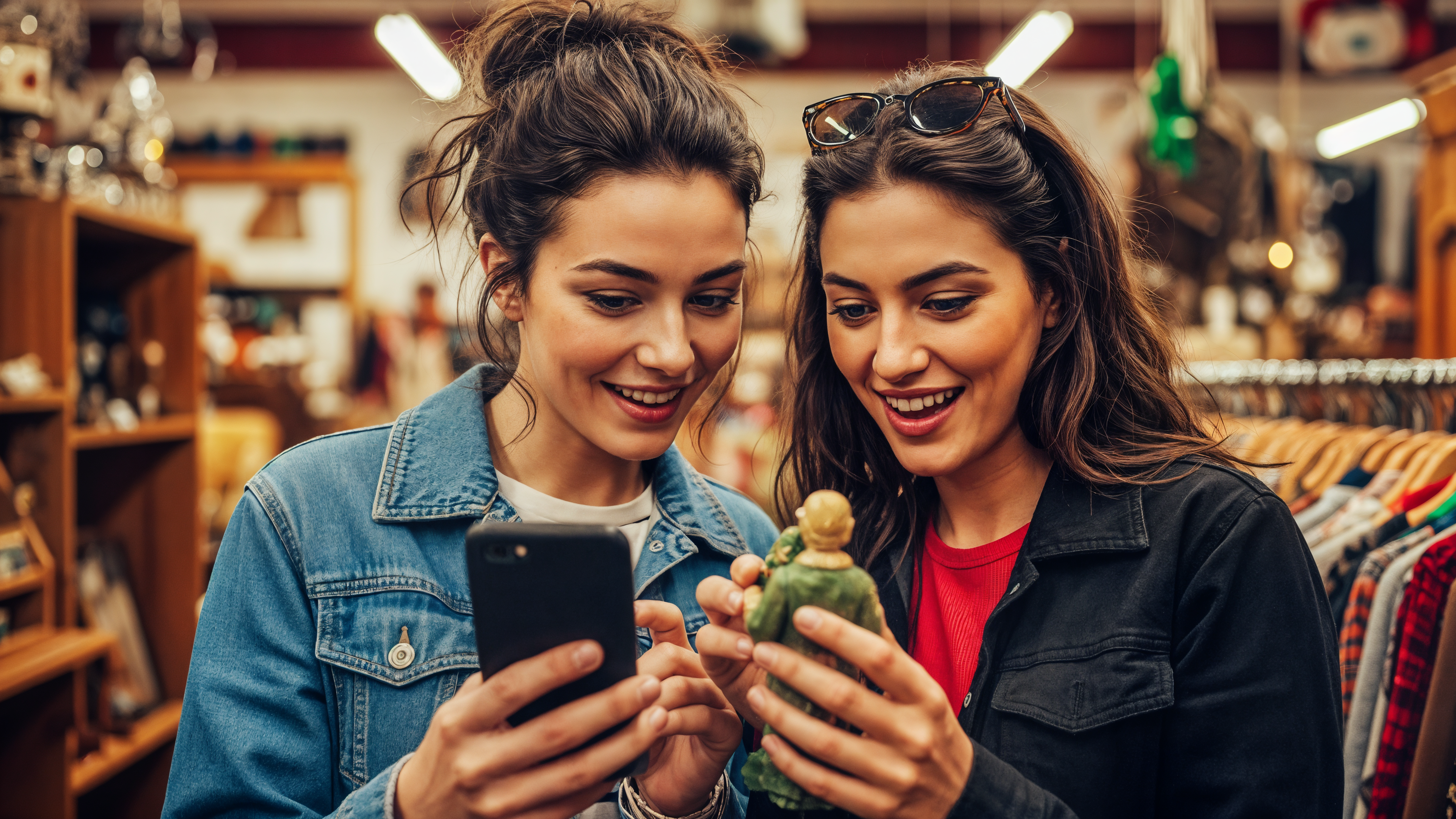 Two shoppers use WhatsitAI to instantly identify and value a thrift store figurine, unlocking identity and hidden resale potential in seconds.
