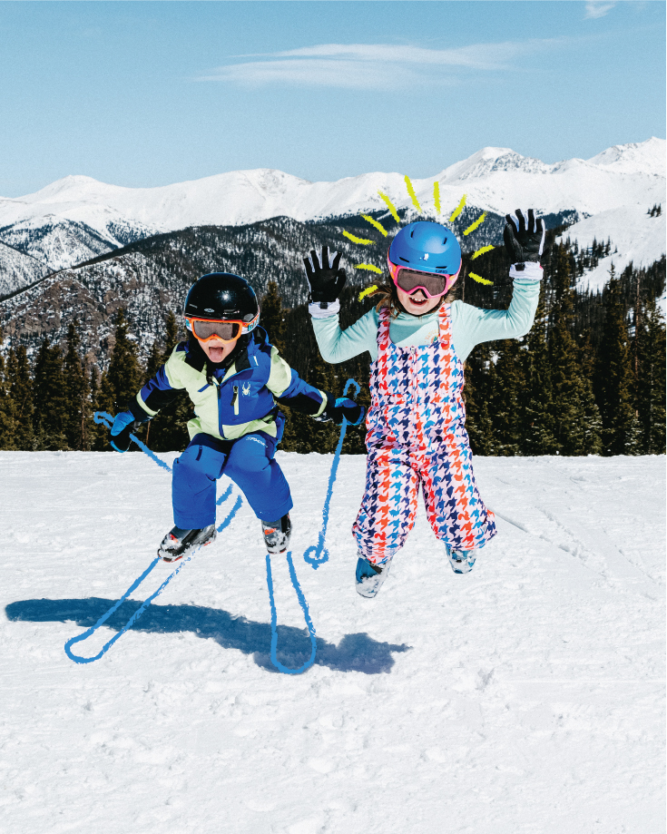 one boy and one girl in winter gear jumping in the air on the ski slopes using Christy Sports rental gear