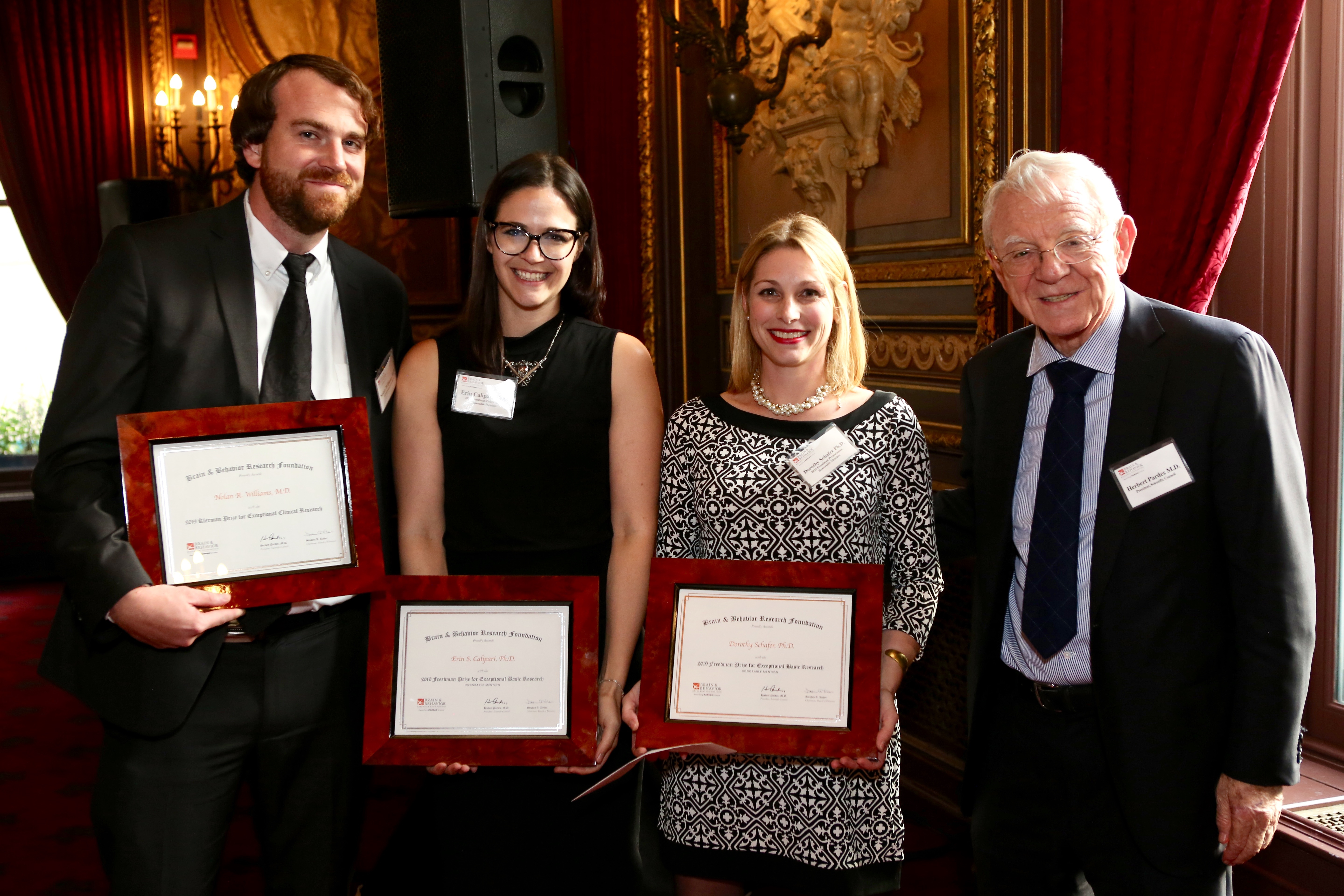 From left to right: Nolan R. Williams, M.D., Erin S. Calipari, Ph.D., Dorothy Schafer, Ph.D., and Herbert Pardes, M.D.