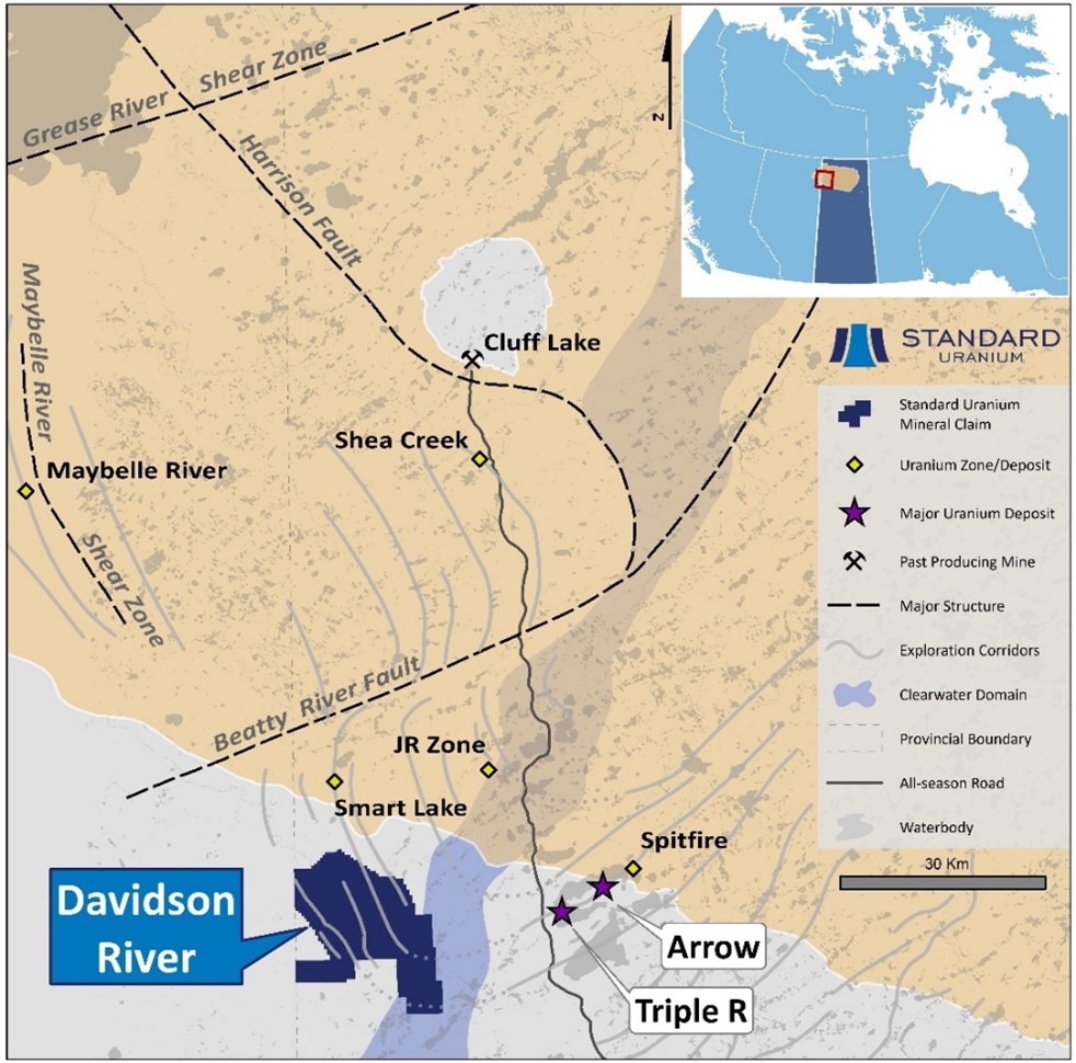 Overview map of Standard Uranium’s Davidson River project in the southwest Athabasca Basin. Davidson River is located is located approximately 25 to 30 km due west of Fission Uranium’s Triple R and Nexgen Energy’s Arrow deposits.