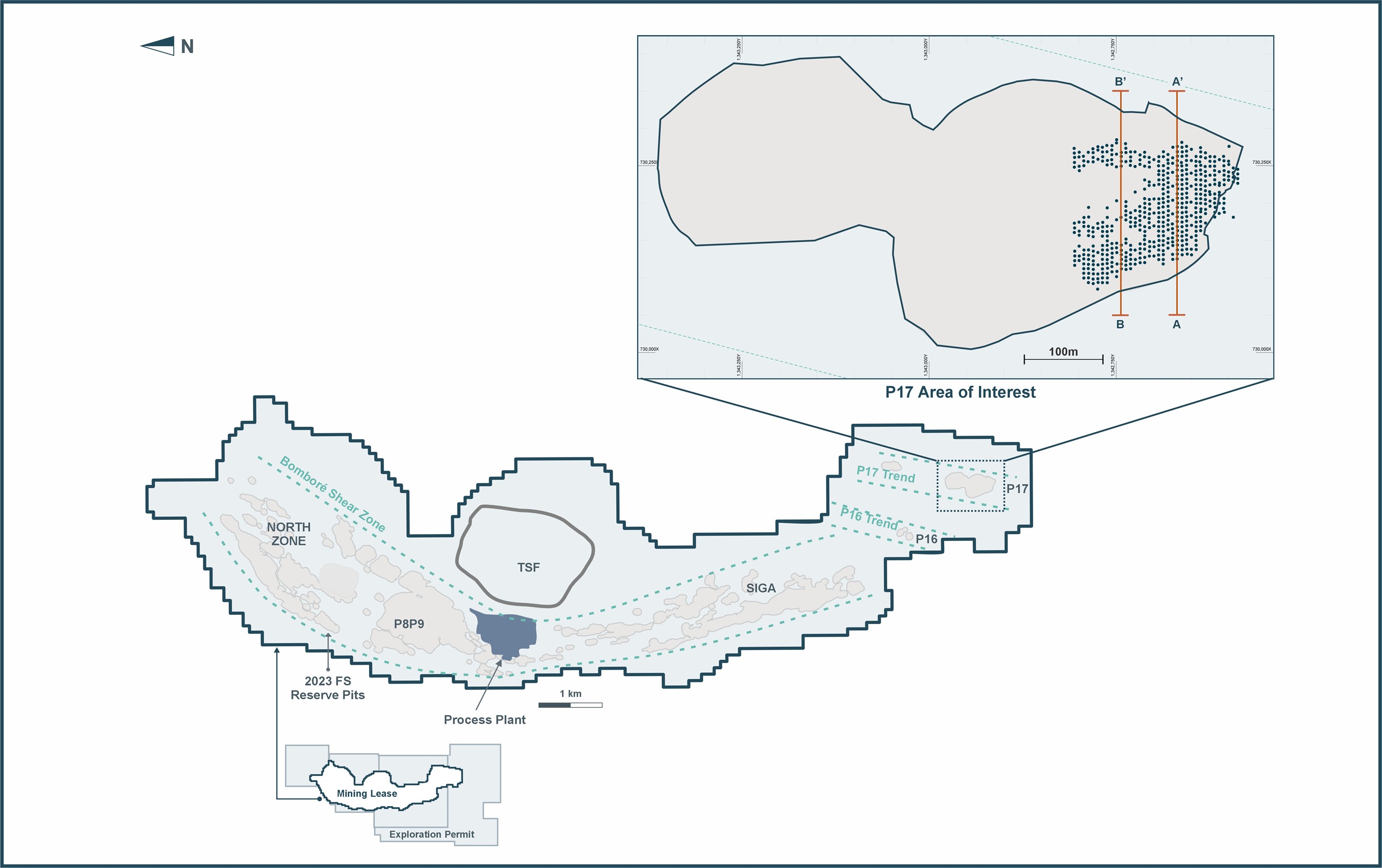Bomboré Plan Map – Highlighting Location of P17 Grade Control Drilling and Associated Sections 