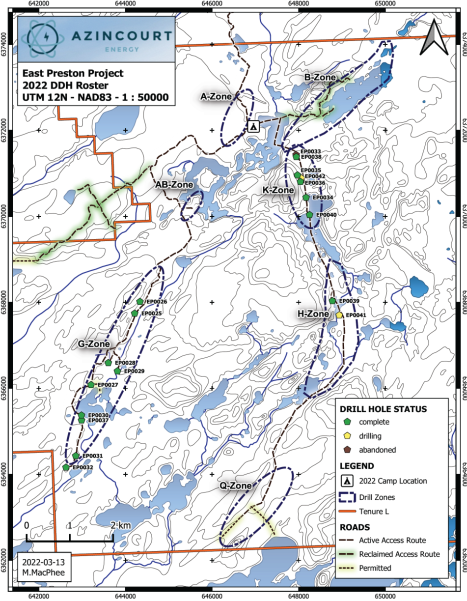 Figure 2  2022 Drill progress and Target areas at the East Preston Uranium Project