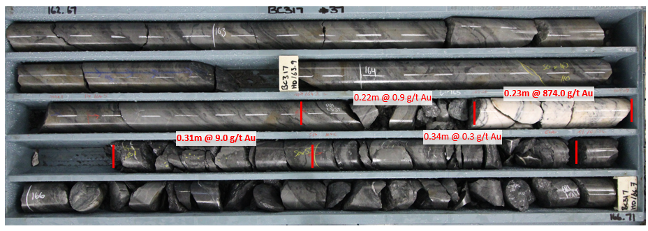 BC317 Core tray showing gold baring quartz veining representative of the northern portion of the Suffolk vein.