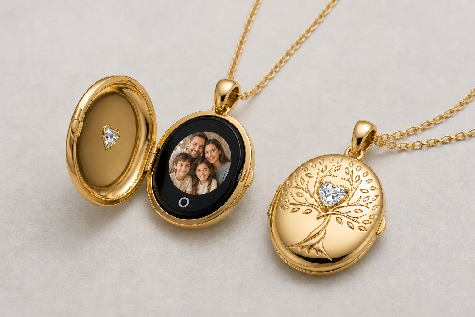 Open TOTWOO Smart Locket displays a family photo beside its closed gold Tree of Life design.