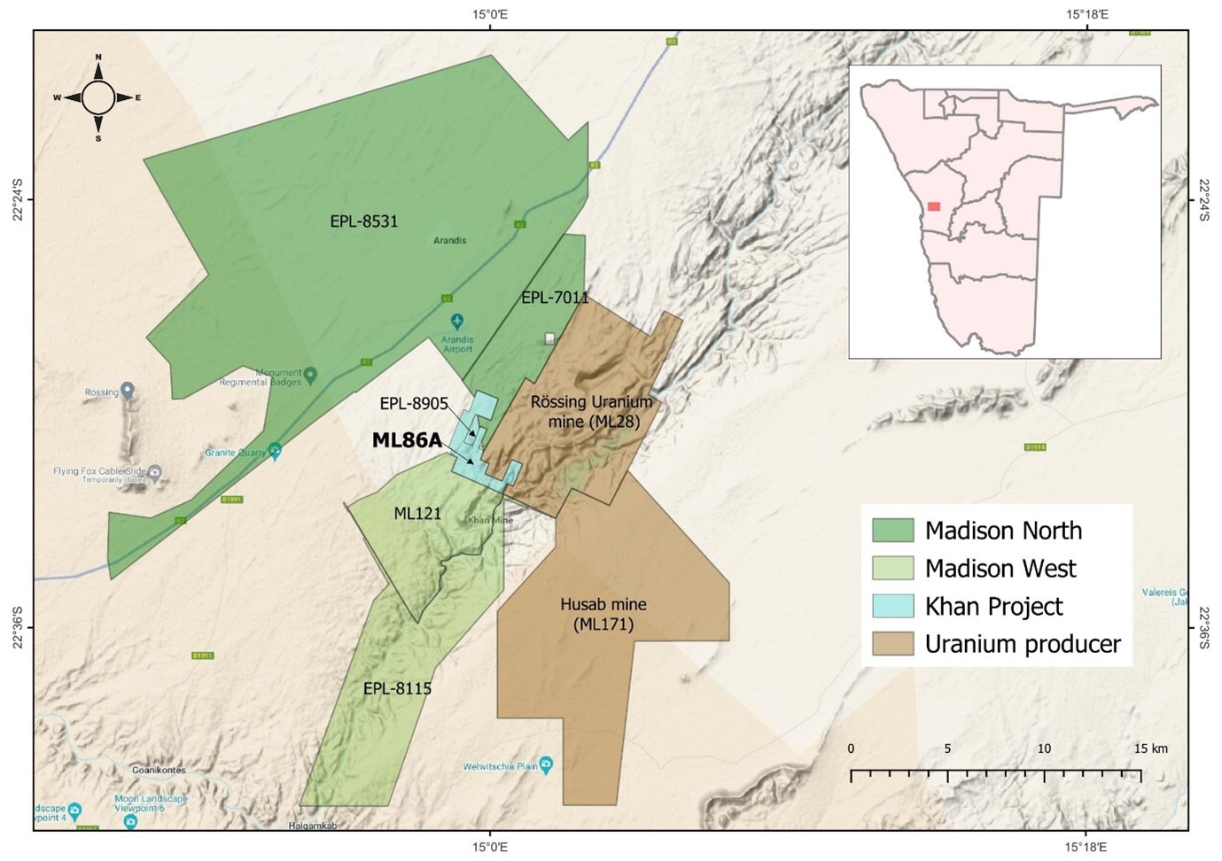 Plan map showing the location of ML86A, other Madison properties and current producing uranium mines in Namibia's Erongo uranium province.