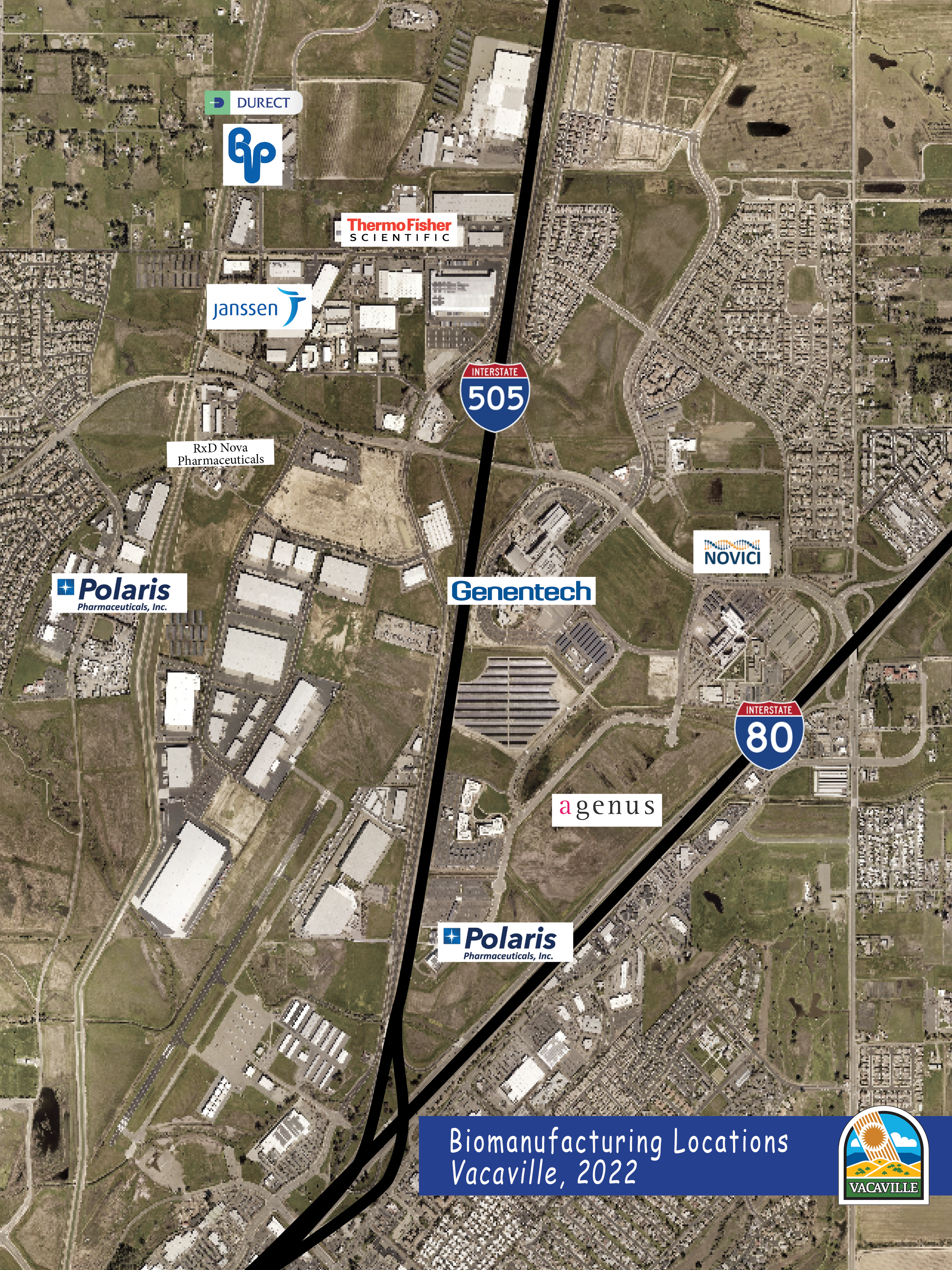 Map of the Vaca Valley Business Park identifying Vacaville Biomanufacturing sites in 2022.