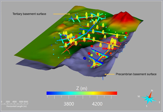 3D Model Update of the Cerro Ratones Northeastern Outcrop (Note:  Tertiary Basement is indicated in green and the Precambrian Basement in gray with a 1:3 vertical exaggeration)