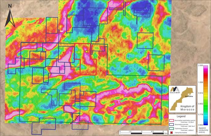 Figure 1: Map of Boumadine Mining Permits Overlaid with Apparent Conductivity at 175Hz