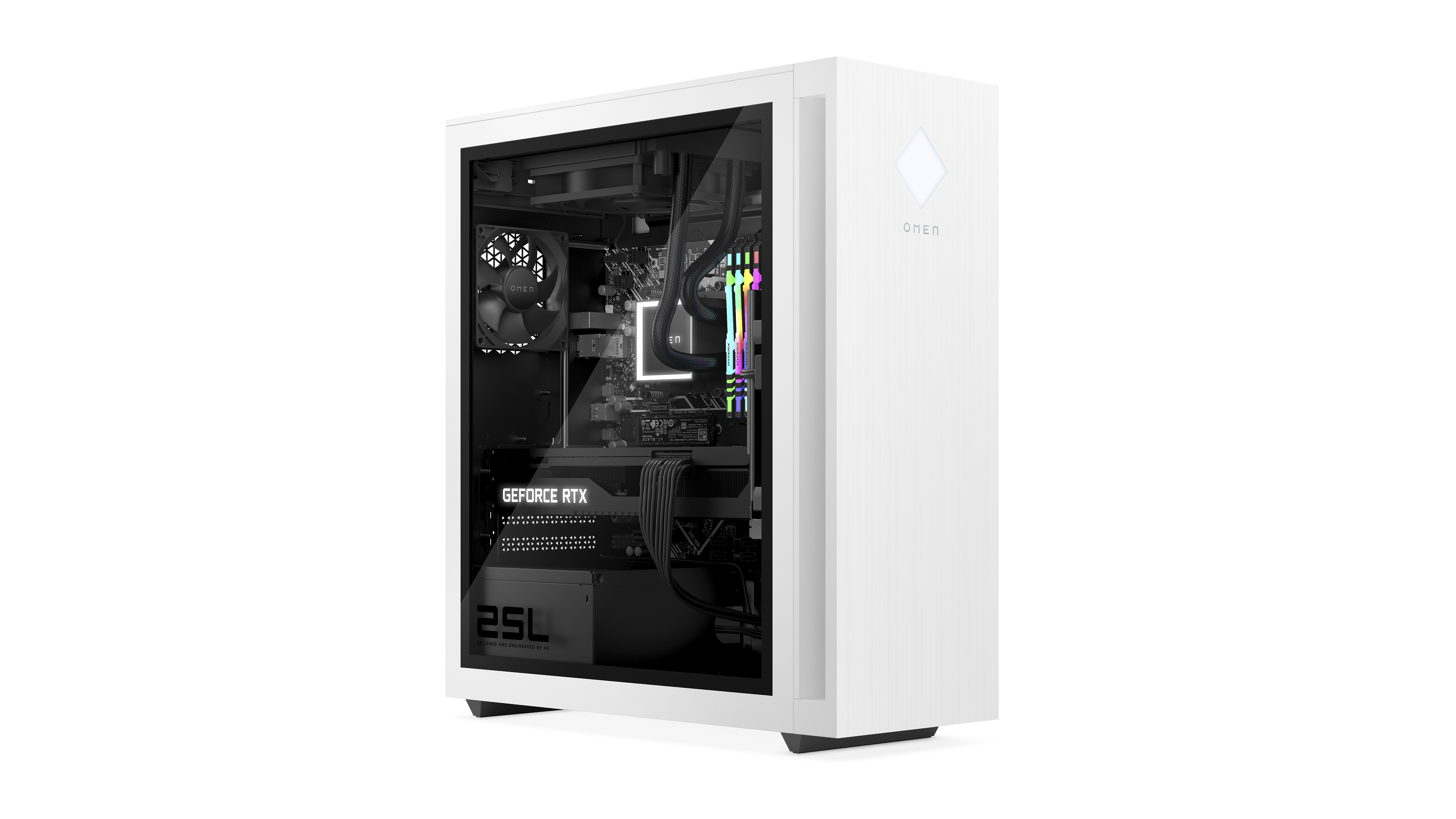 OMEN 25L Desktop gets major internal component upgrades, an added 120mm front fan, and a new Ceramic White case with an optional tempered glass side panel.
