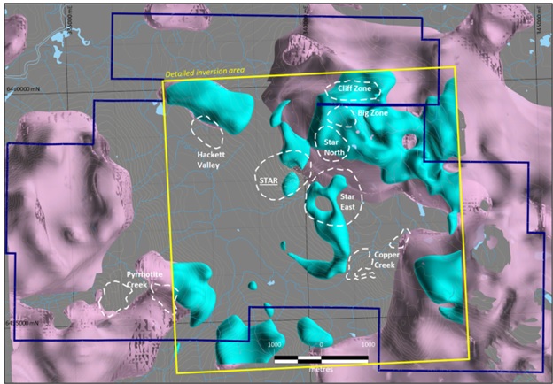 Plan-view of the Star Project mineral tenure with magnetic 3D modelled isosurfaces and predefined target areas shown. The pink isosurfaces are the resultant coarse 3D inversion, and the teal isosurfaces show the results of a more detailed modelled 3D inversion. Note anomalous magnetic features that were revealed with the detailed inversion.