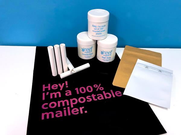 Aqualitas selection of sustainable packaging - ocean sourced jars, 100% compostable mailer, pre-roll bags