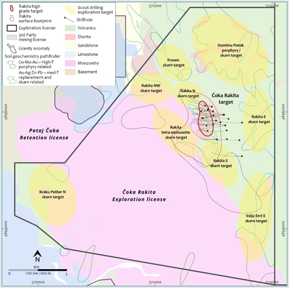 Overview map of Čoka Rakita exploration licence outlining the exploration targets subject of the scout drilling campaign.