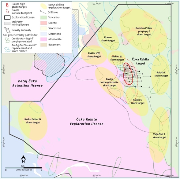 Overview map of Coka Rakita exploration licence outlining the exploration targets subject of the scout drilling campaign.