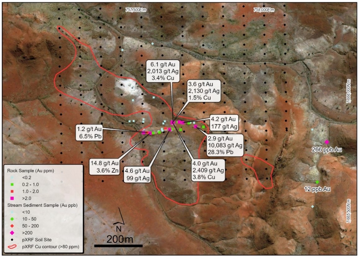 Gully Washer prospect map showing rock sample results.