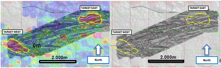 Images from the geological compilation of the historical drone magnetics and gold in soil geochemistry over the East and West targets at Copeçal