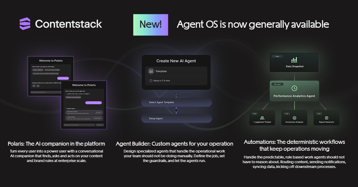 Contentstack announces the general availability of Agent OS, featuring Polaris (the in-platform AI companion), Agent Builder for custom enterprise agents, and deterministic automation workflows.