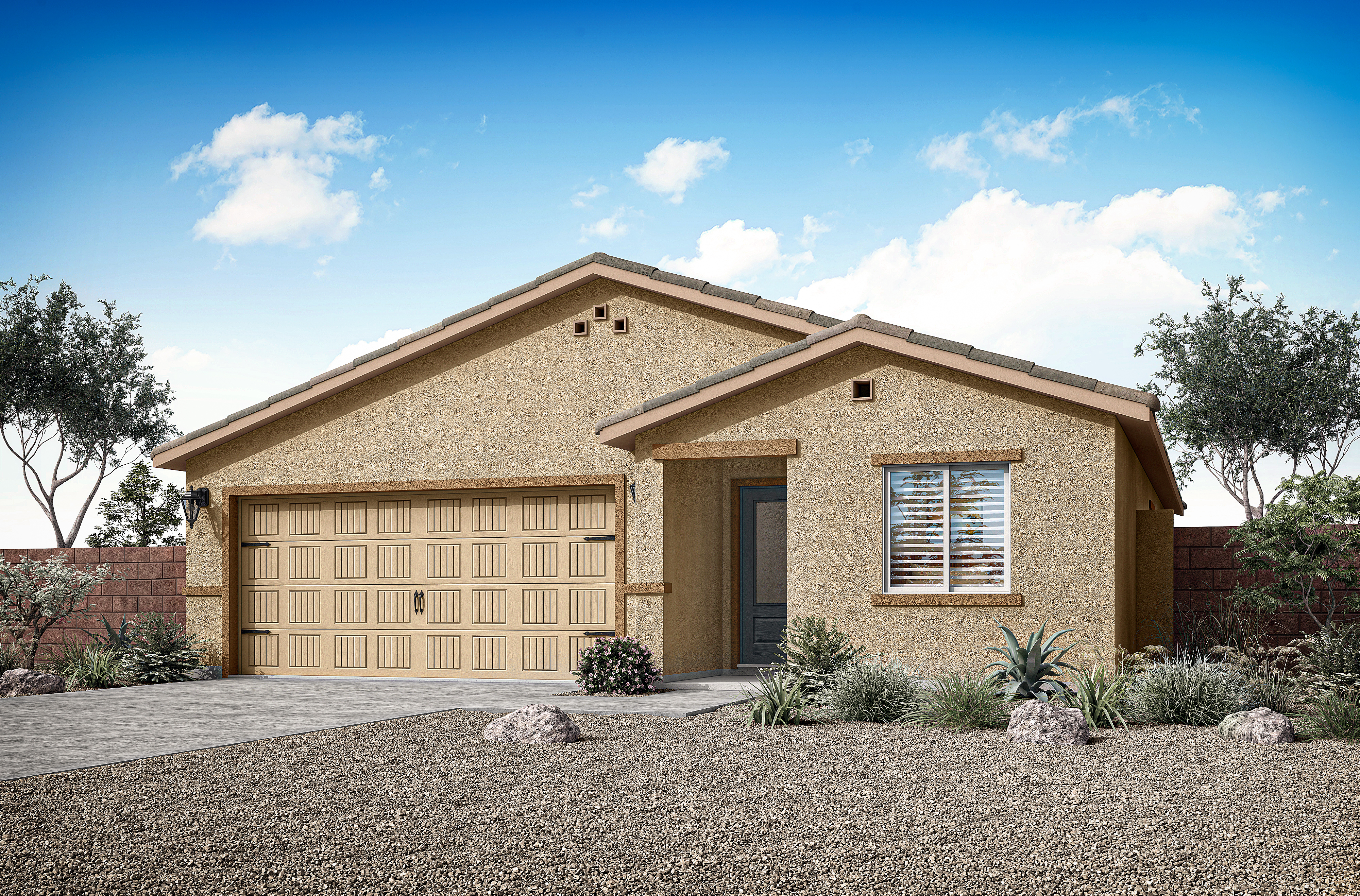 This spacious three-bedroom, two-bath Amado plan features a beautiful stucco exterior with a covered front porch and open entertainment space.