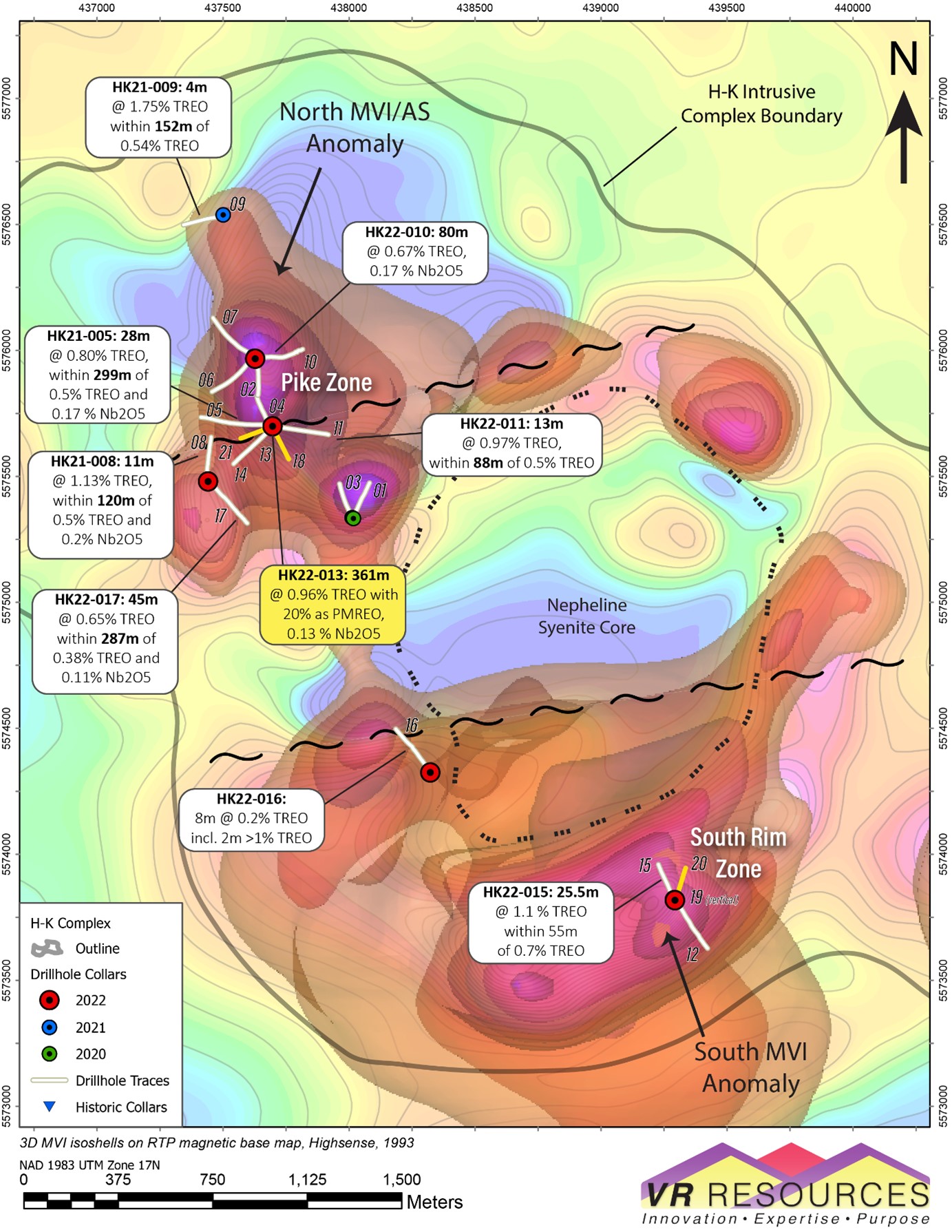 Locations of the 21 drill holes completed to date at Hecla-Kilmer, plotted on a contoured RTP magnetic base map with superimposed 3D iso-shells from the MVI inversion.  Key intersections for critical metal are highlighted for the first 18 holes for which data are received, with data from four holes pending.