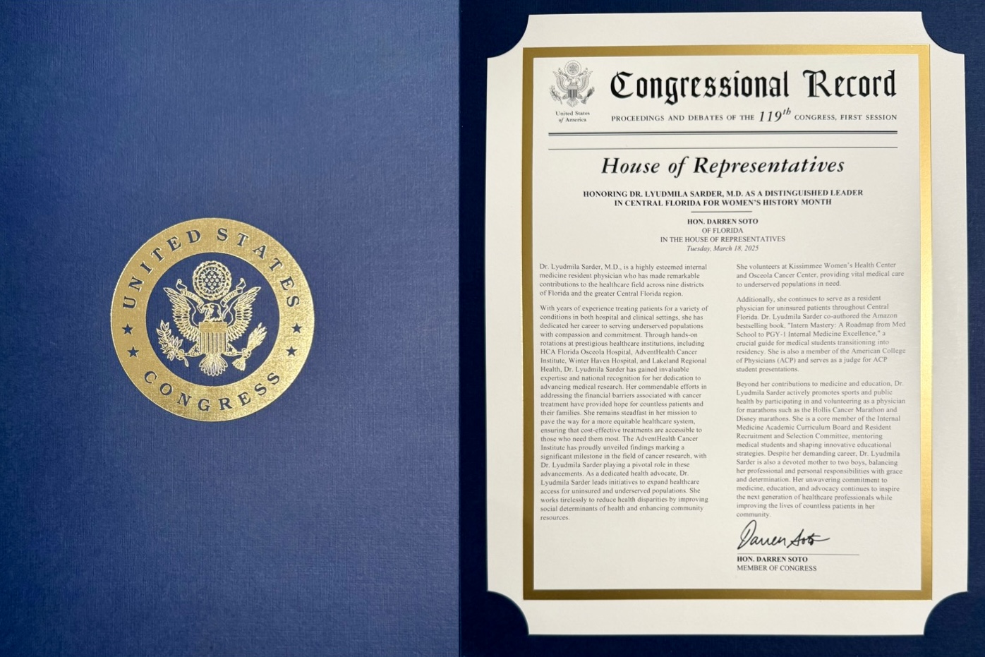 Dr. Lyudmila Sarder receives the U.S. Congressional Award