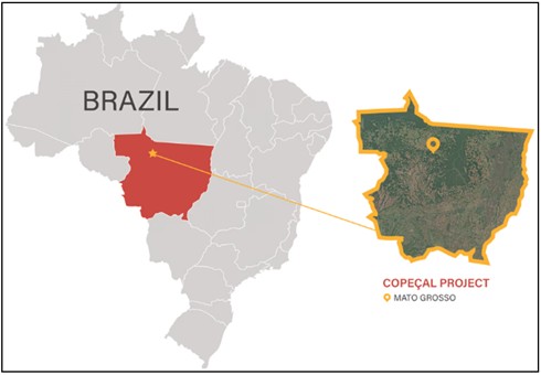 Map of Brazil highlighting the Copeçal Gold Project's location in the state of Mato Grosso