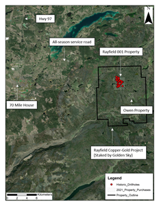 The ~11,000 ha Rayfield Copper-Gold Project was acquired through staking and property purchases (Rayfield 001 and Owen properties). Access and infrastructure are excellent, with proximity to the nearby town of 70 Mile House along Highway 97, and with all-season service road access to the property.
