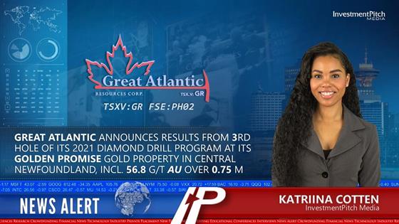 Great Atlantic (TSXV:GR) (FSE:PH02)  announces results from the 3rd hole of its 2021 diamond drill program at its Golden Promise Gold Property in Central Newfoundland: Results include 56.8 g/t gold over 0.75 metres.