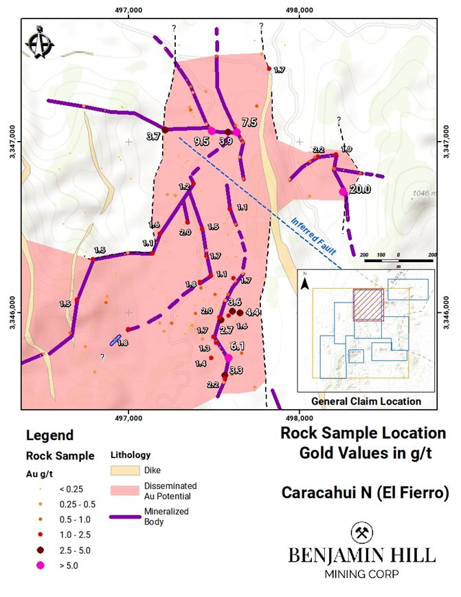 Figure 1 Gold Assay Map from the Caracahui N. (El Fierro) sampling program: Rock Sample Location Gold Values in g/t Caracahui N (El Fierro)